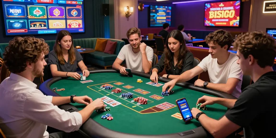 Friends enjoying an exciting gaming session with the Lotus365 platform and colorful casino elements
