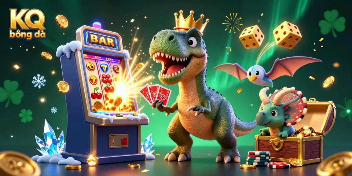 KQ bóng đá live betting scene featuring T-Rex shuffling cards, dynamic slot machine, and triceratops stacking chips.
