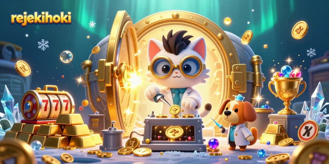 Rejekihoki showcases an exciting online casino scene with a dynamic 3D cartoon mad scientist cat and dog, exploring slot games.