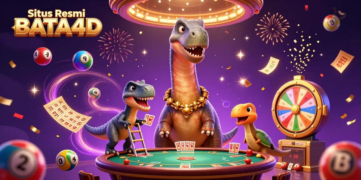 Situs Resmi BATA4D menampilkan brontosaurus 3D yang berfungsi sebagai dealer dalam suasana kasino yang meriah.