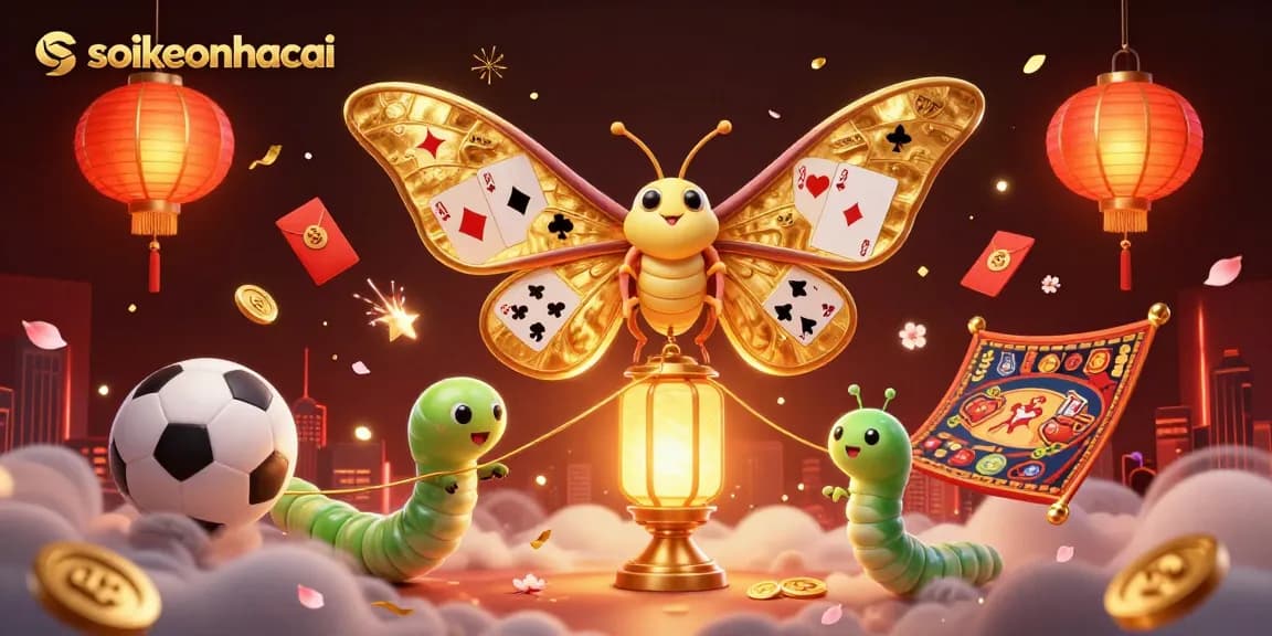 Engage with soikeonhacai through a vibrant 3D sports betting scene featuring a golden atlas moth.