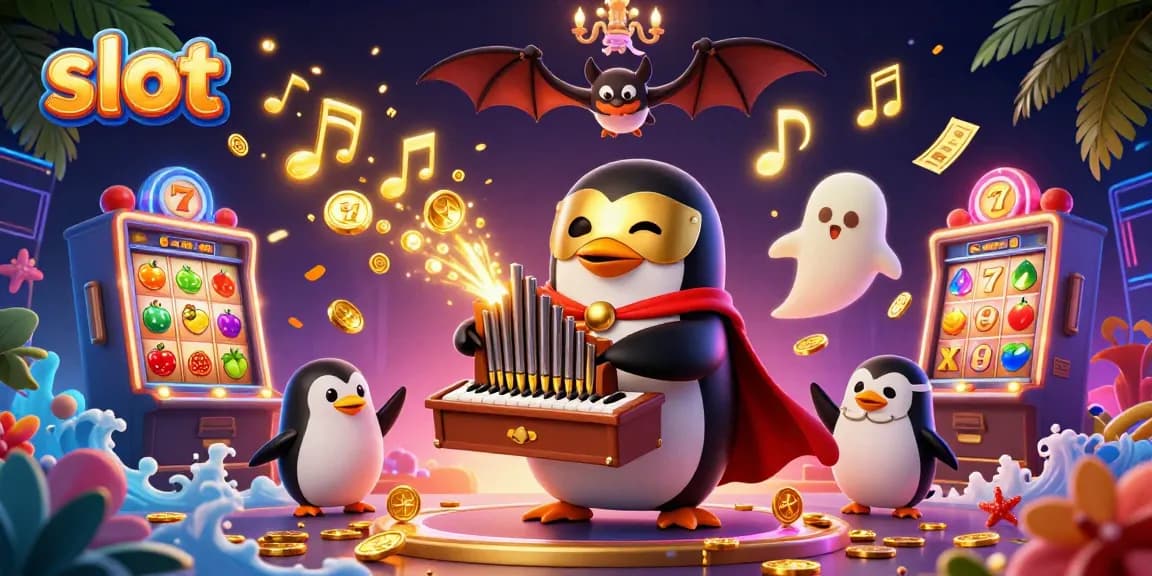 Slot gacor dengan penguin yang bermain alat musik dan efek koin emas yang menarik.