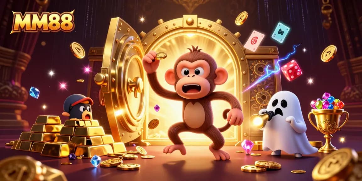Juggle golden coins and chips with MM88 in a haunted casino illustration.