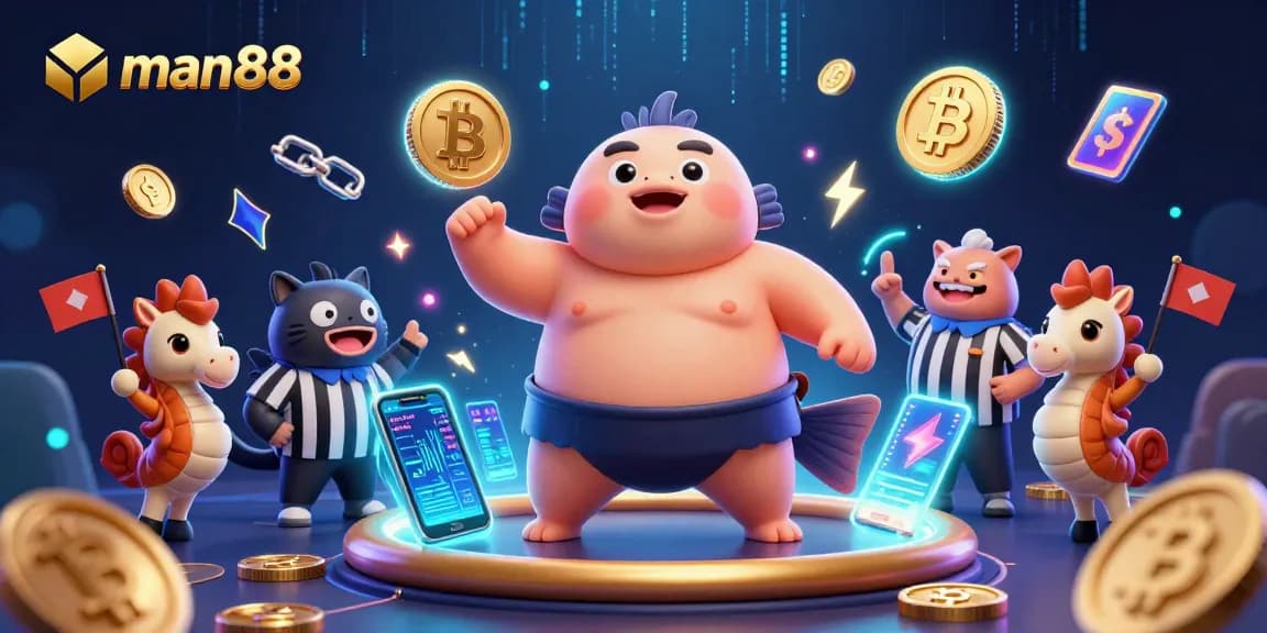 Experience man88 through a vibrant underwater casino scene featuring a sumo fugu, catfish referee, and sparkling crypto elements.