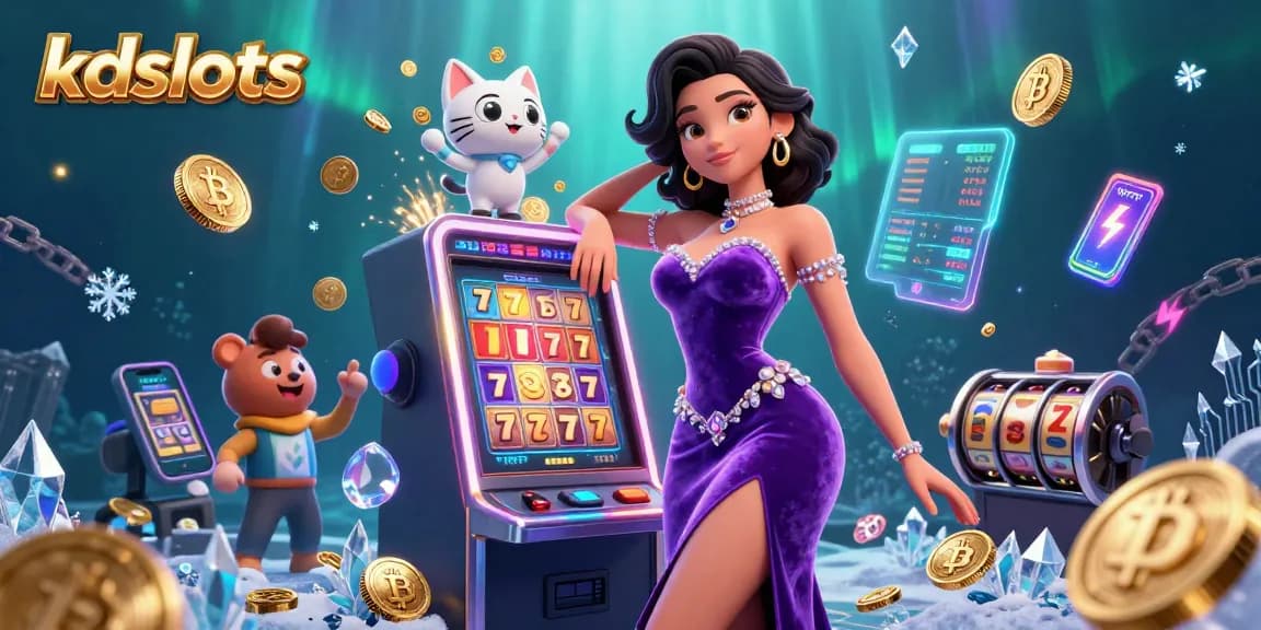 Win big with kdslots featuring a glamorous woman at a jackpot slot machine with coins erupting.