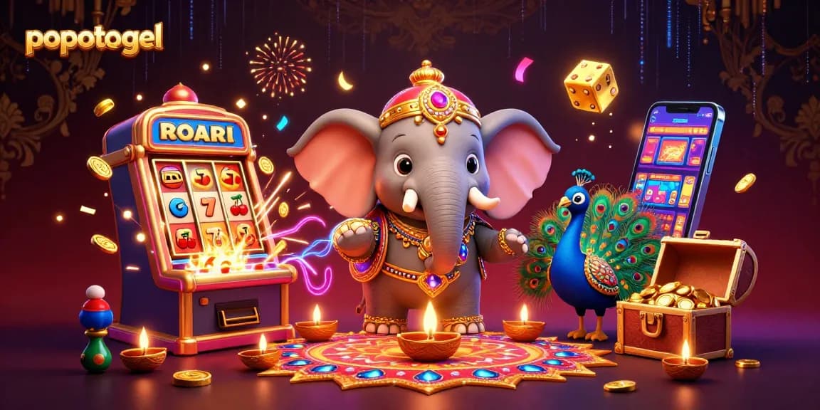 Experience popotogel with a vibrant array of slot machines, festive characters, and dynamic casino elements.