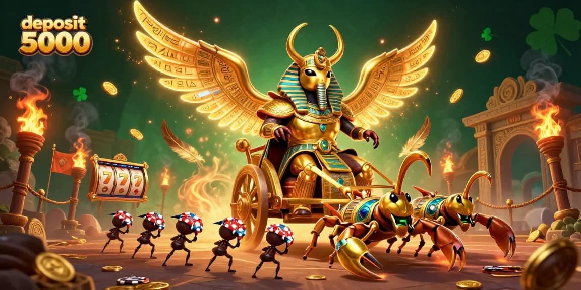 Engage in thrilling gameplay with deposit 5000 options, witnessing the majestic beetle chariot amidst vivid casino elements.