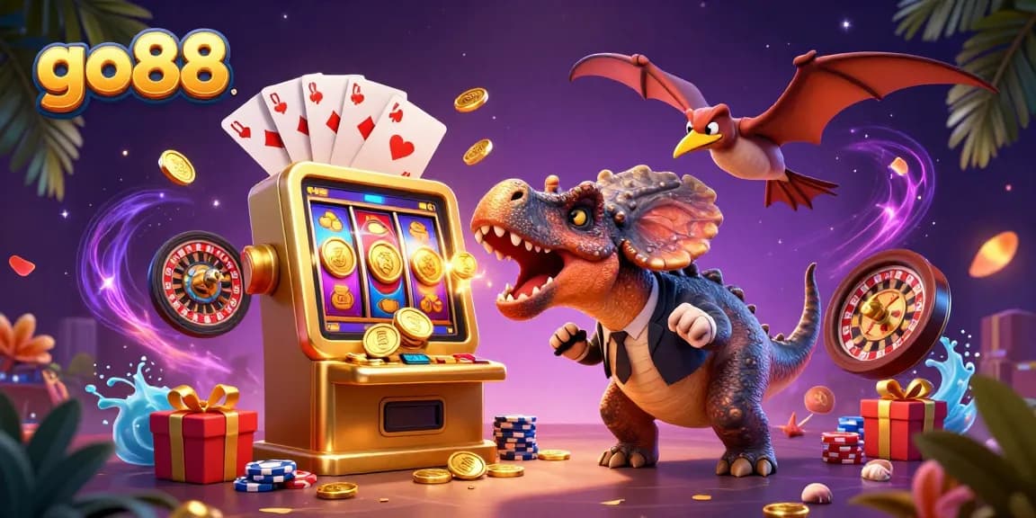 Experience go88's dynamic world with a pachycephalosaurus celebrating jackpots amidst casino action.