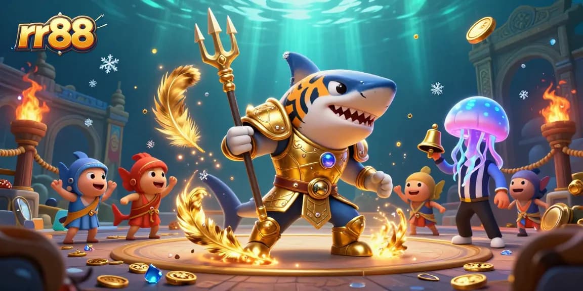 Join the rr88 gaming arena featuring a fierce shark gladiator in a vibrant underwater scene.