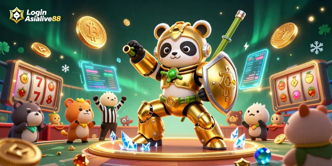 Engage with Login Asialive88 in a vibrant casino scene featuring a golden panda and dynamic game elements.