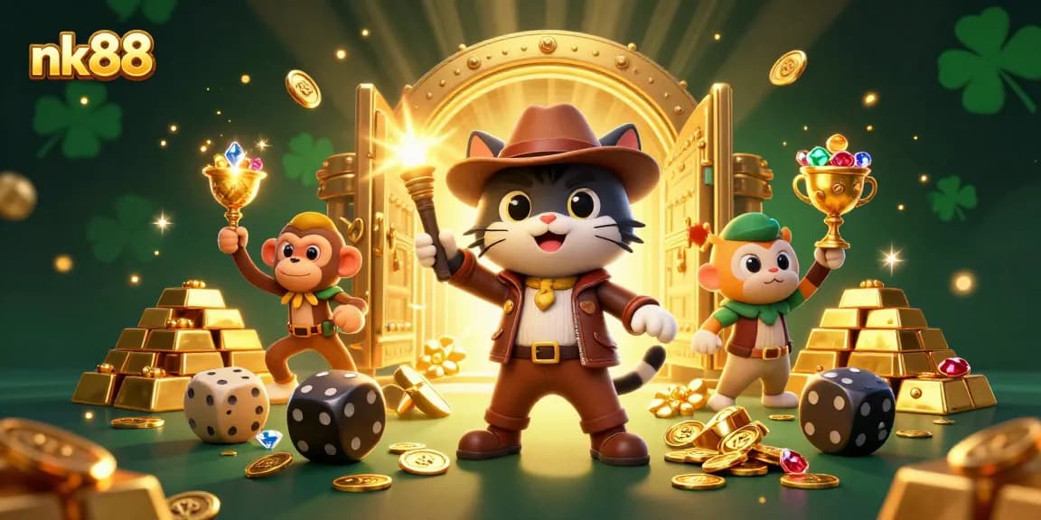 Bet on thrilling adventures with nk88, as the cat and monkey uncover treasure in a vibrant casino
