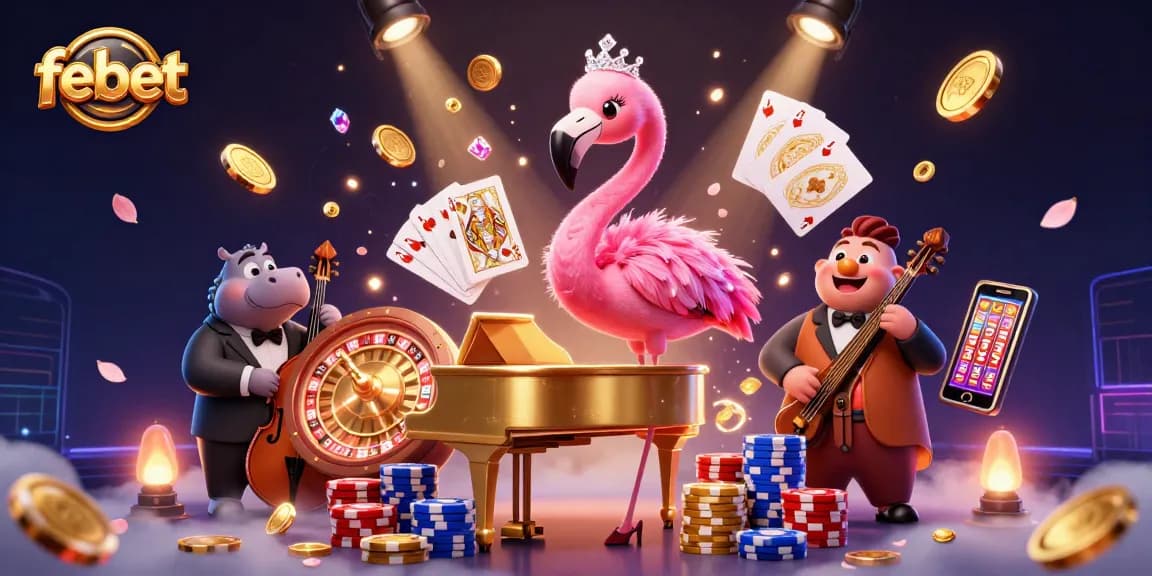 Experience the vibrant atmosphere of Febet, featuring casino characters amidst dynamic gaming elements.