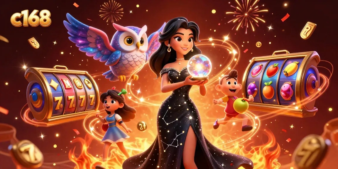 Spin the reels at c168 with vibrant slot symbols and mystical characters in a dynamic casino scene.