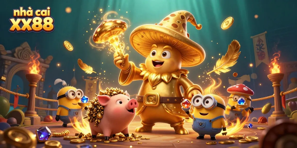 Experience the magic of nhà cái xx88 with golden treasures and enchanting characters in an immersive casino scene.