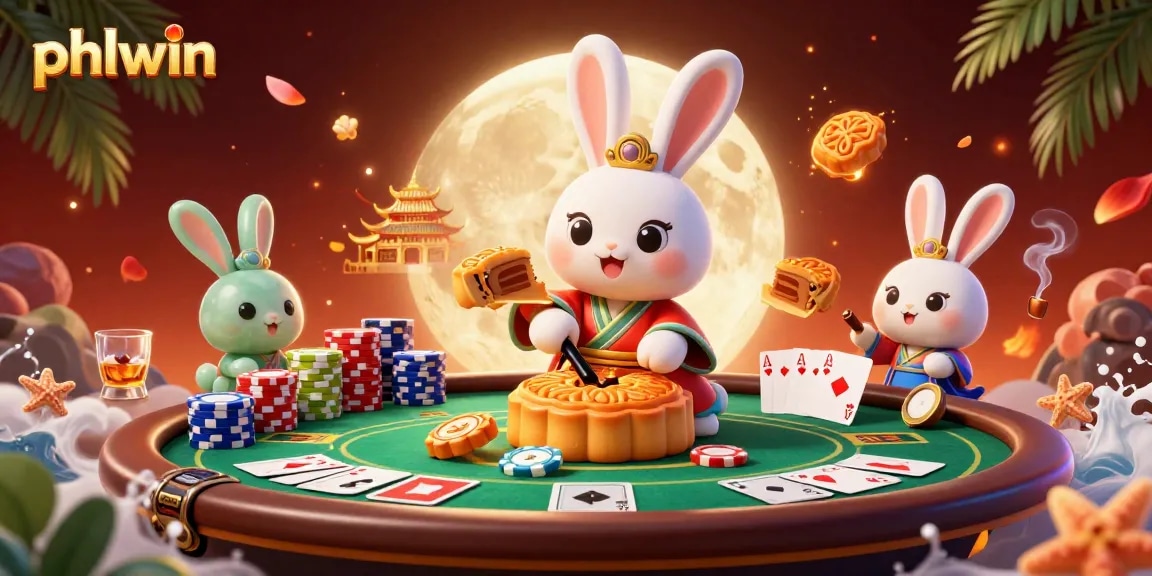 Experience the excitement of phlwin with a whimsical moon rabbit illustration capturing poker chips and gaming elements.