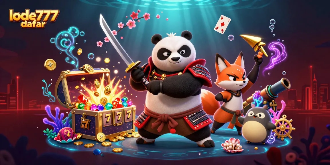 Spin to win at lode777 daftar with a fierce samurai panda and vibrant treasure in this dynamic casino scene.