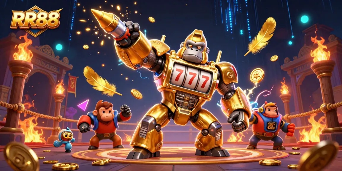 RR88 showcases an epic golden gorilla mech, surrounded by dynamic casino elements for thrilling gaming experiences.