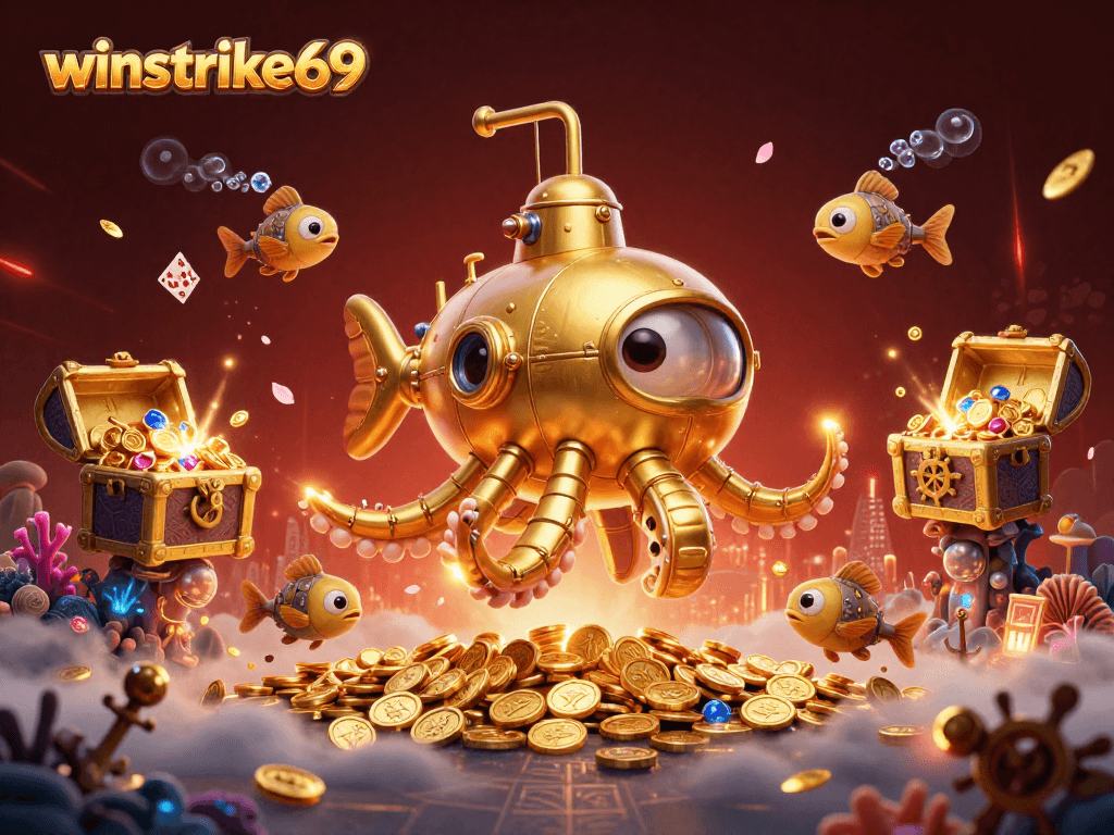 Experience the thrill of winstrike69 as the golden kraken submarine dives into riches, bursting with gold coins and gems.