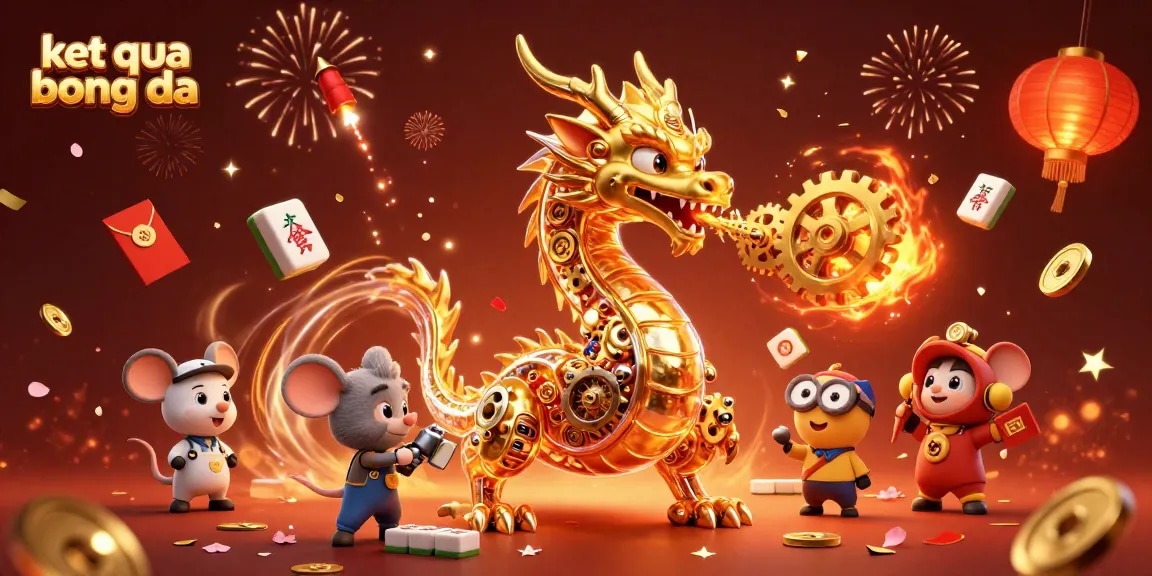 Engage with ket qua bong da in this vibrant 3D illustration of a dragon breathing gears amid festive imagery.