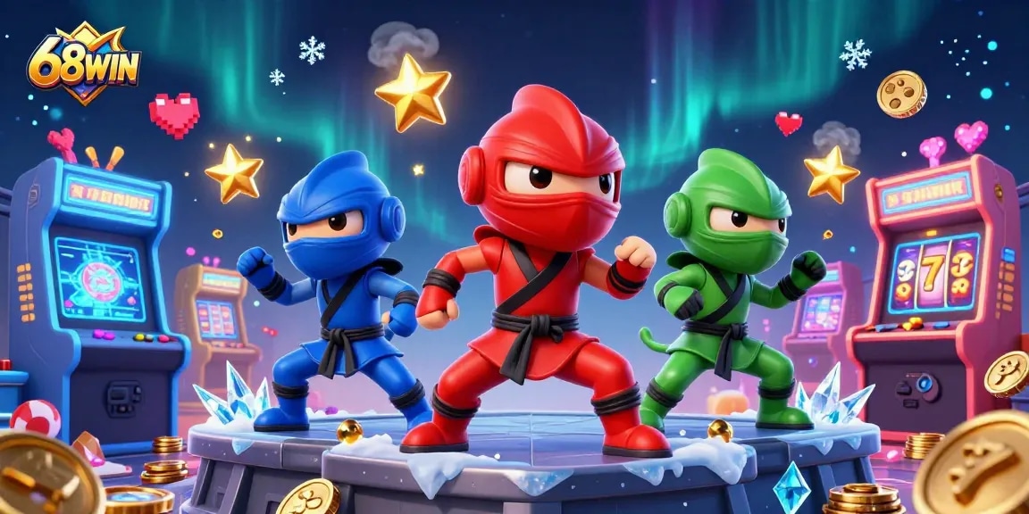 Engage with 68WIN's thrilling casino adventure featuring colorful characters amidst vibrant slot gaming elements.