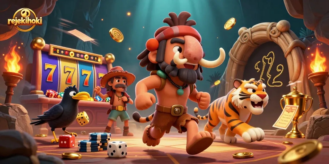 Experience thrilling wins with rejekihoki as you explore an exciting prehistoric casino scene full of vibrant elements.