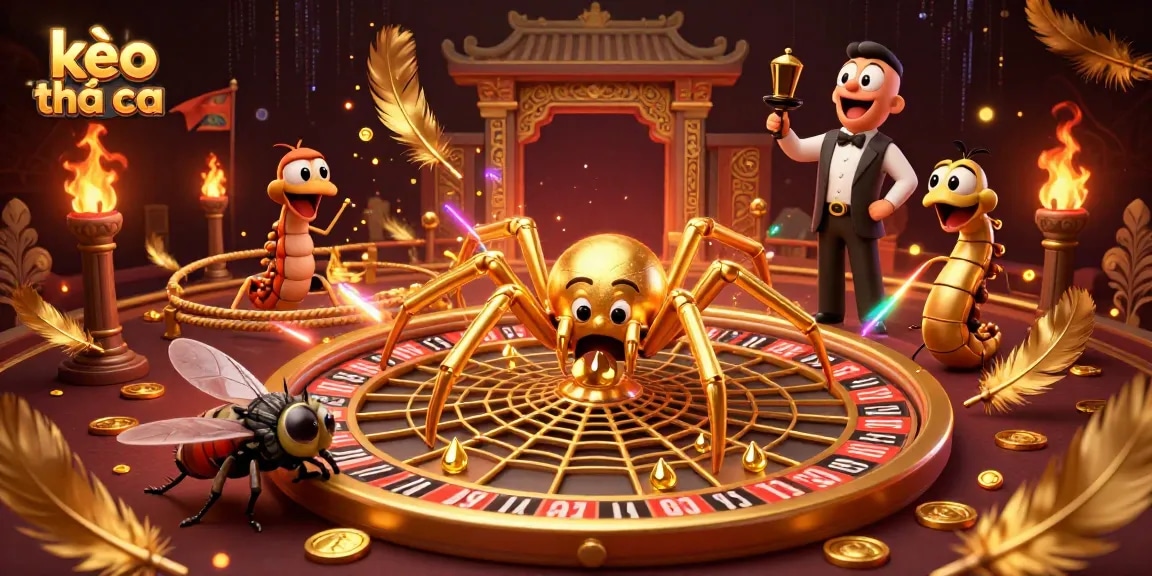 Place bets at kèo nhà cái with this dynamic image of a spider spinning a roulette wheel web and centipede croupier.