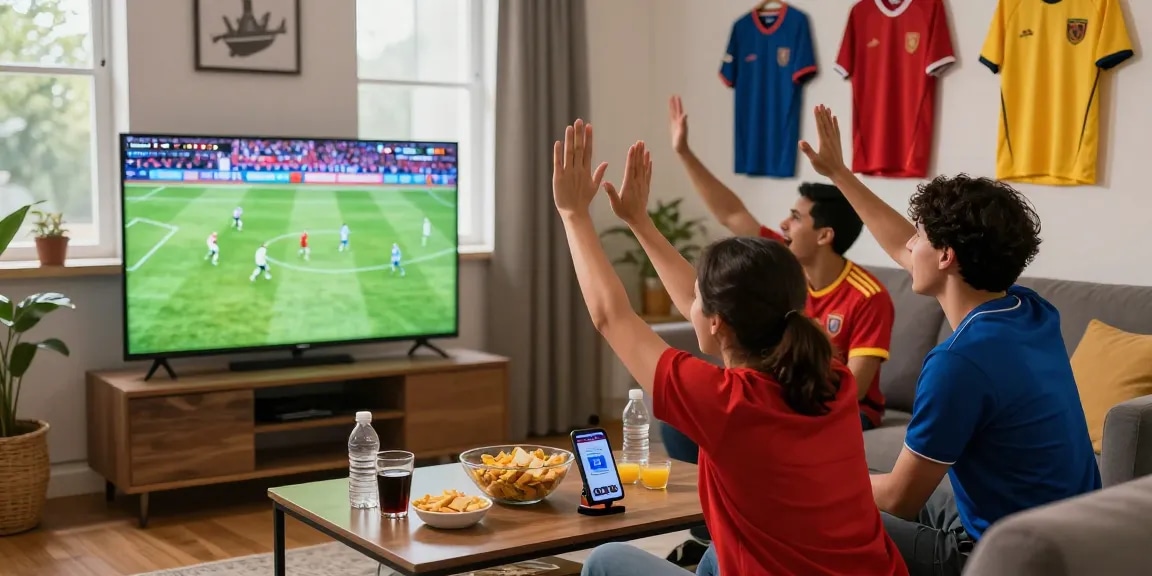 Excited fans enjoying the رابط مباريات اليوم in a lively home setting, cheering for their team.