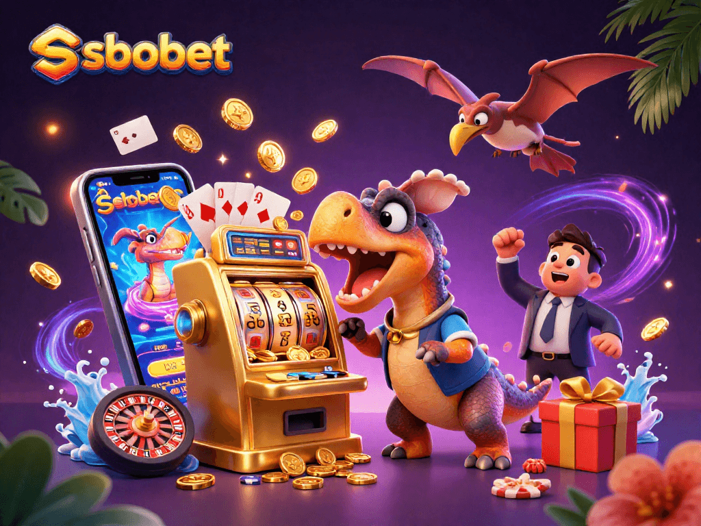 sbobet excitement as a pachycephalosaurus wins coins at a golden slot machine in a vibrant casino scene