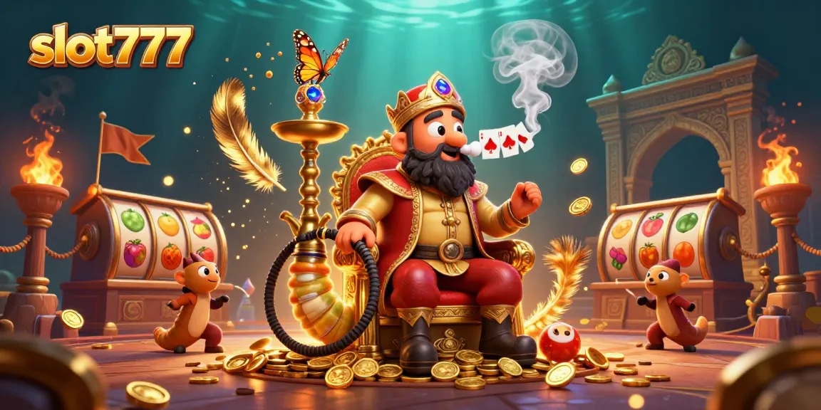 Slot777 menampilkan ilustrasi 3D karnaval di dunia kasino, dengan karakter unik dikelilingi simbol slot.