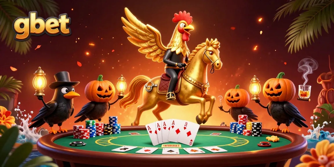Engage with gbet’s dynamic casino scene featuring a golden rooster, poker chips, and vibrant game elements.