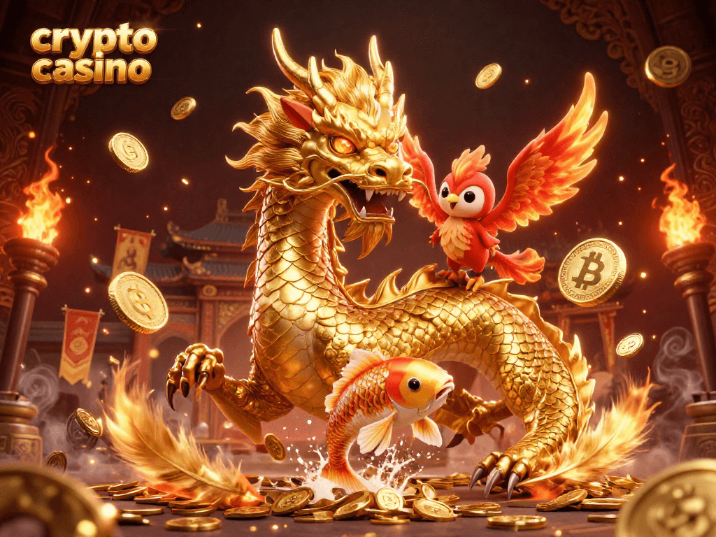 Experience the thrill of a crypto casino with a vibrant scene featuring a dragon, phoenix, and koi fish.