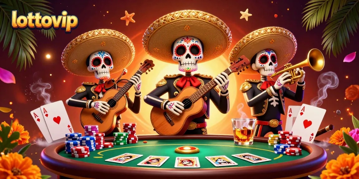 Band mariachi karakter kartun 3D mempersembahkan pengalaman lottovip dalam bermain poker dengan tema perayaan