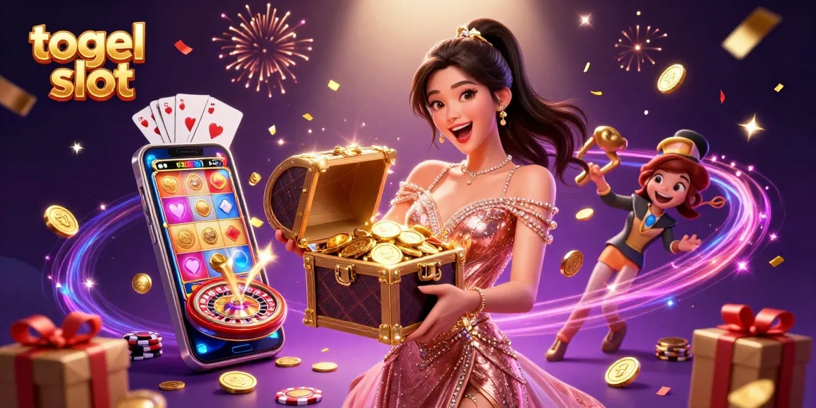 Engage in thrilling togel slot action with a vibrant scene showcasing excitement and treasures.