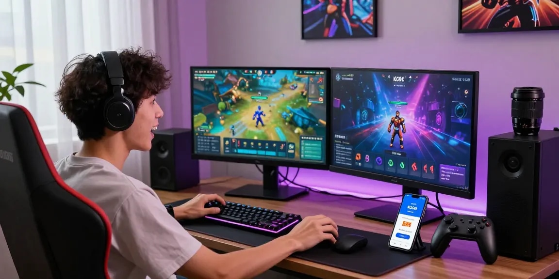 New player engaging with KO66 app, showcasing excitement and modern gaming setup.