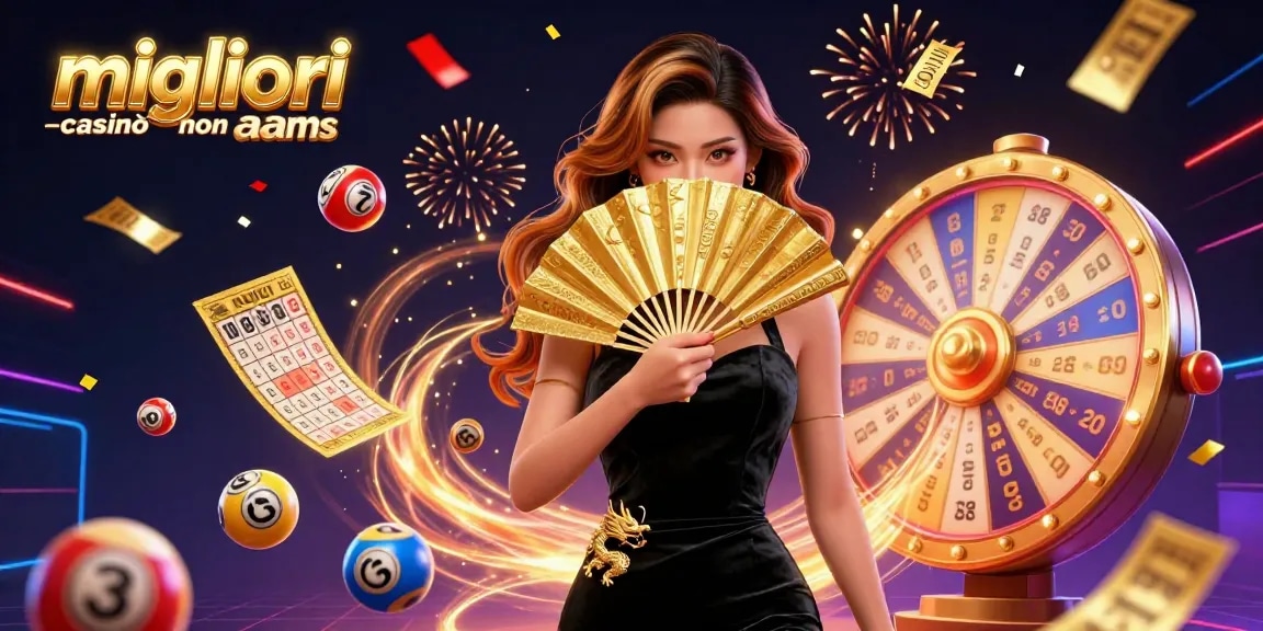 Scopri azioni emozionanti nei migliori casinò online non aams con palle della lotteria vivaci e un personaggio elegante.