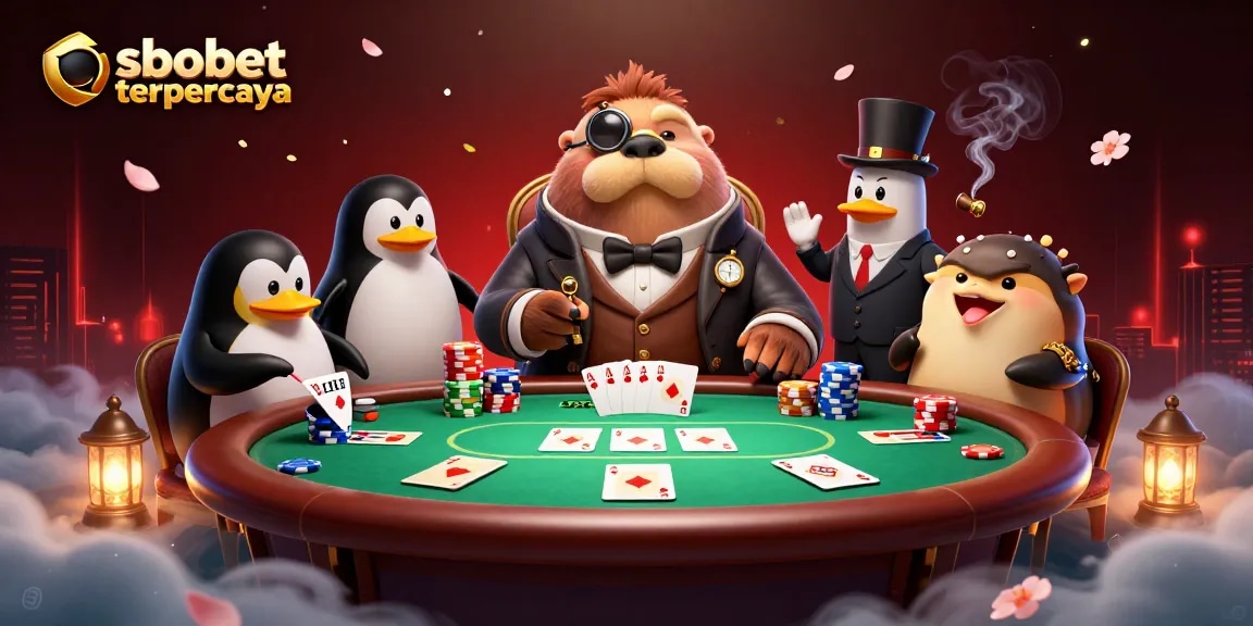 Experience sbobet terpercaya with a jolly walrus and friends playing poker underwater.