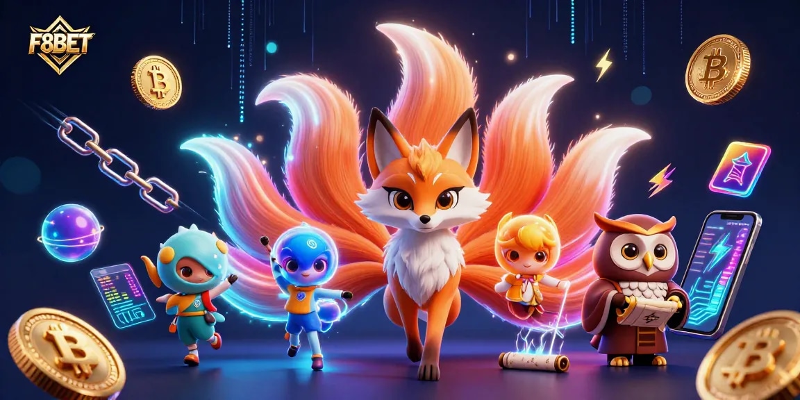 Engage in thrilling gameplay with F8BET's vibrant illustration showcasing crypto elements and a mystical fox spirit.