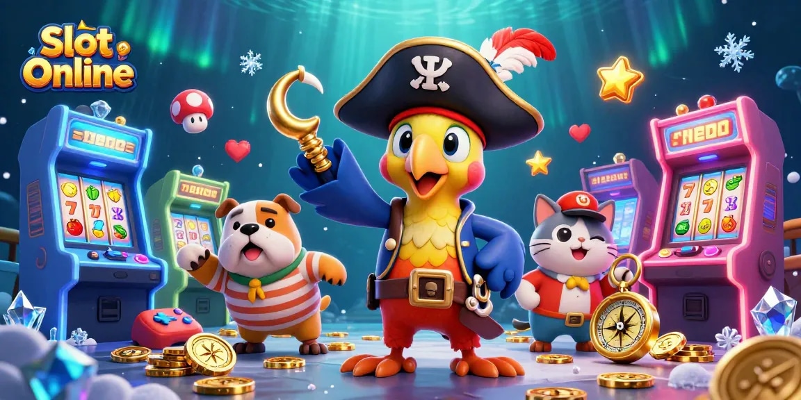 Spin the reels and win big at Slot Online with colorful characters and casino-themed elements.
