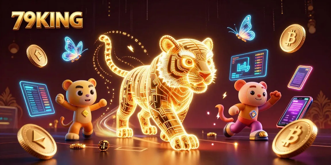 Engage with 79KING, an electrifying casino scene featuring dynamic cryptocurrency elements and glowing icons.