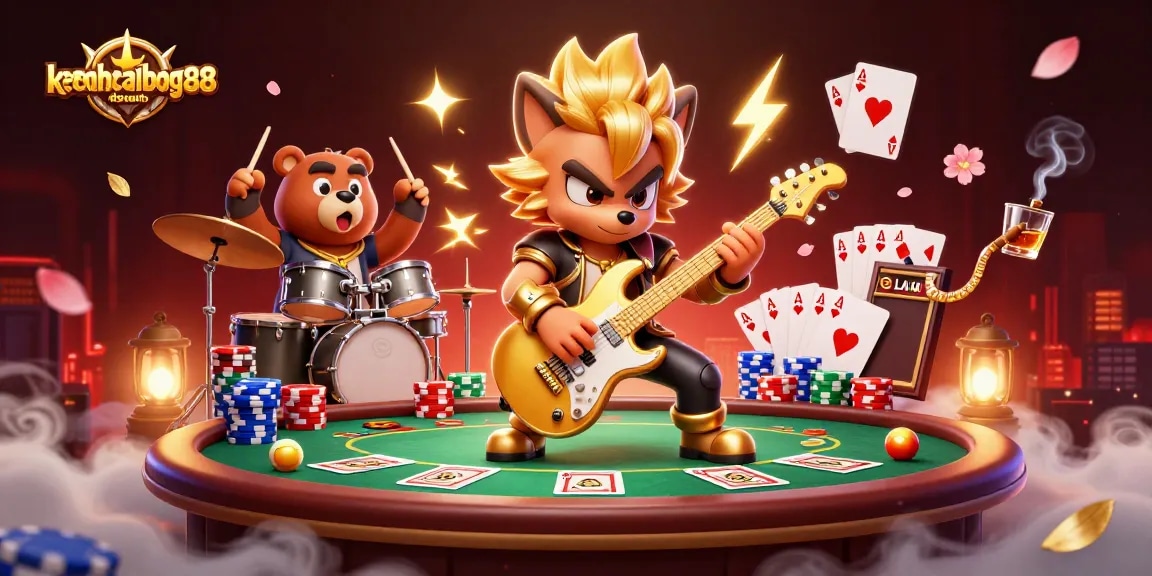 Engage with keonhacaibong88 as a rock star wolf rocks the casino stage amidst vibrant poker elements.