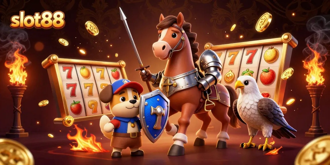 Spin to win with slot88 using vibrant slot reels and characters in a dynamic casino scene.
