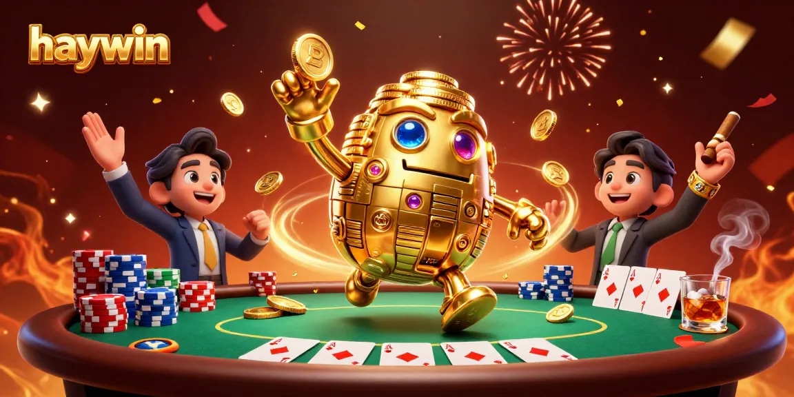 Experience the excitement of haywin with a 3D illustration of a golden golem and poker elements.