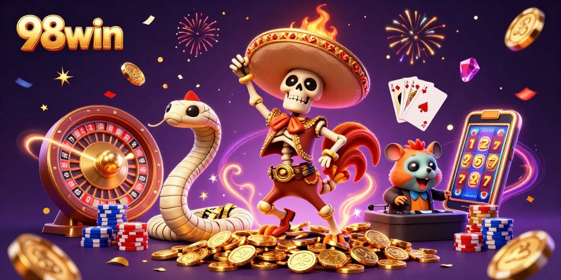 Experience the thrill of winning at 98win with a dynamic casino scene full of excitement and treasures.