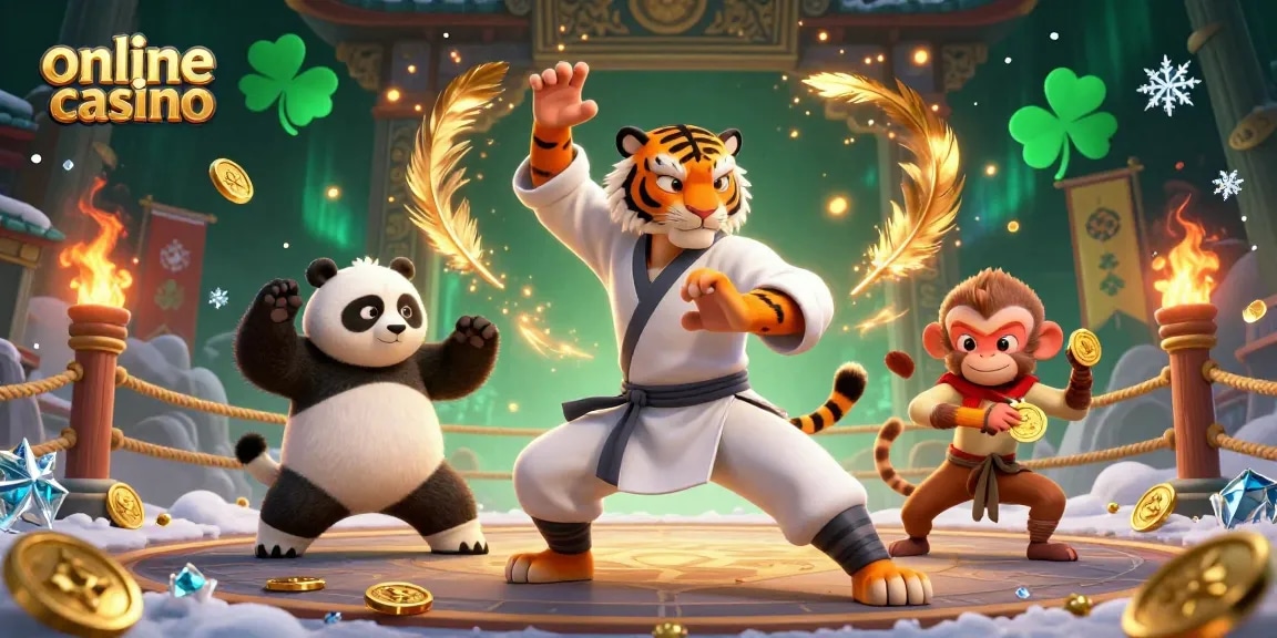 Experience the excitement of the online casino as a kung fu tiger, a panda disciple, and a monkey student showcase dynamic poses amidst vibrant gambling elements.