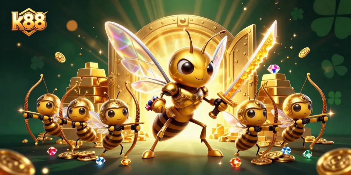 Engage with k88 casino magic through a vibrant 3D illustration of samurai hornets and treasure.