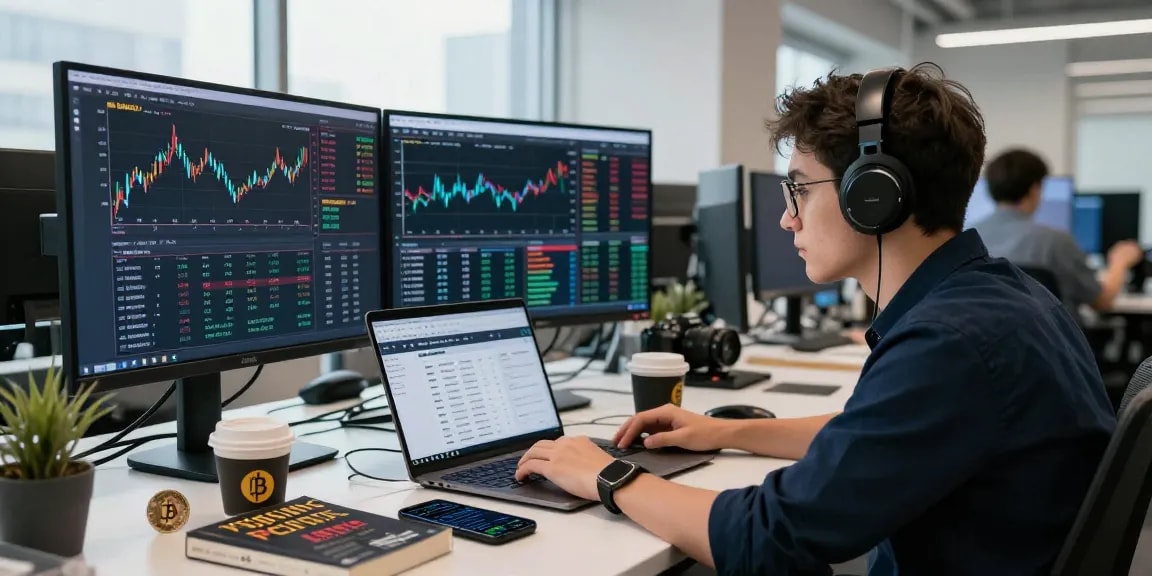 Активный трейдер на bitmex бирже, анализирующий графики и торги в современном офисе