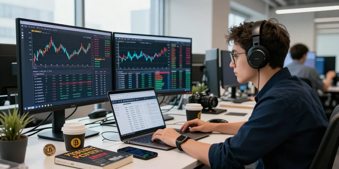 Активный трейдер на bitmex бирже, анализирующий графики и торги в современном офисе