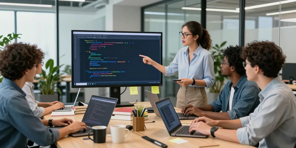 Tim pengembang perangkat lunak di https://miami4d.com/ berdiskusi di ruang kantor modern dengan elemen teknologi.