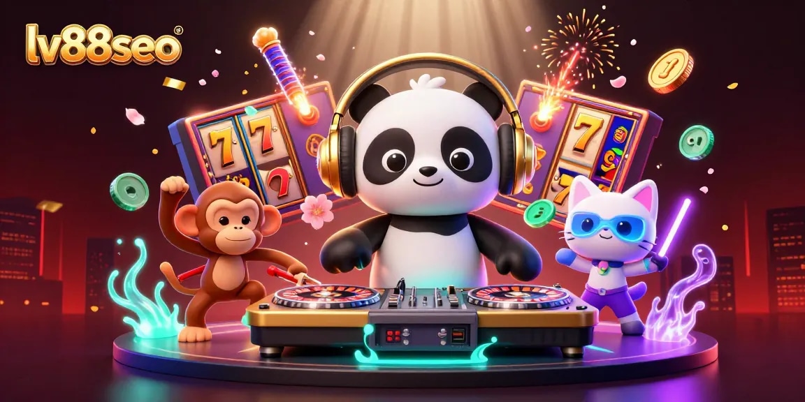 Experience exciting gaming with lv88seo featuring a DJ panda amidst vibrant slot and jackpot elements.