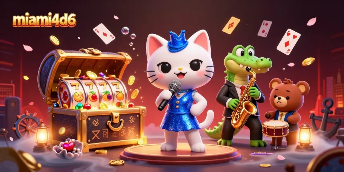 Experience the thrill of miami4d6 with vibrant characters and casino elements in a breathtaking scene.